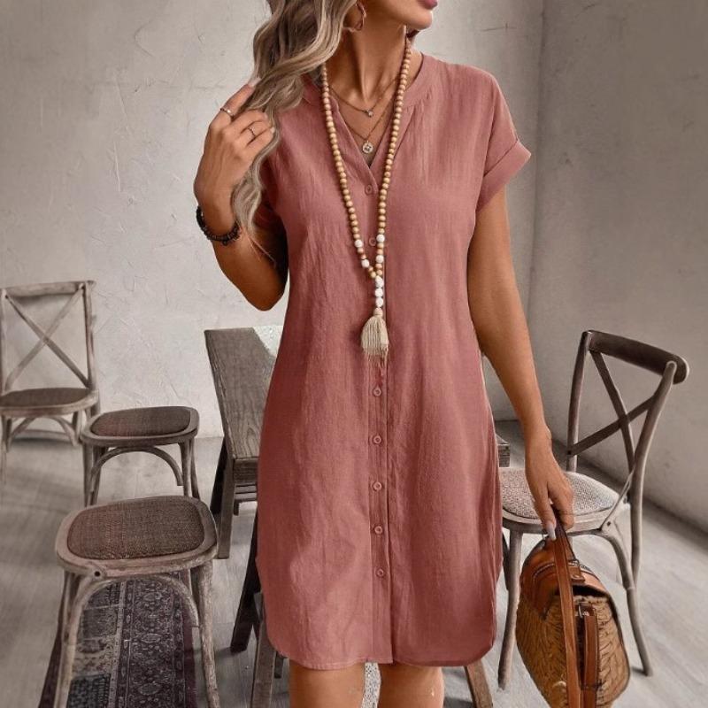 VEZFAA Abiti casual da donna, moda estate primavera, stampa tinta unita, manica corta, scollo a V, vita ampia