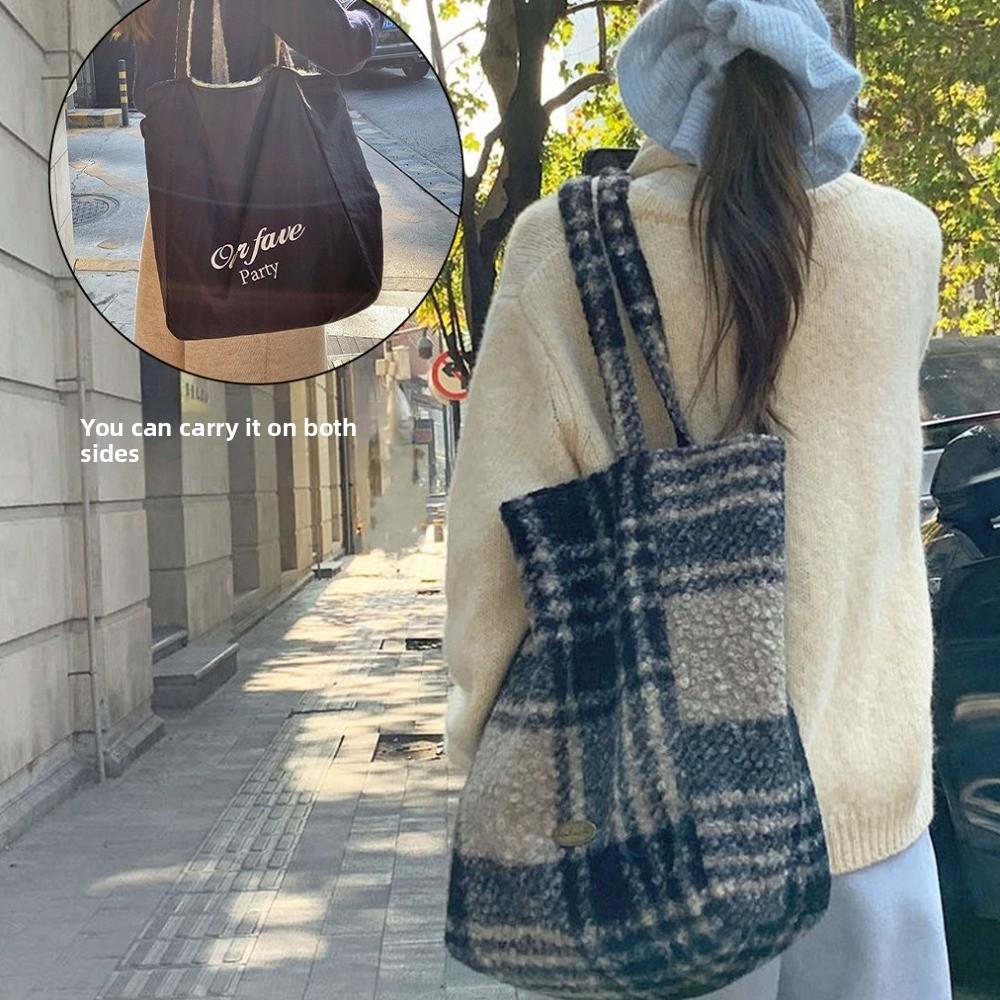 Stylish Double Sided Design Plaid Tote Bag Colorful Thicken Handbag Soft Large Capacity Woolen Tote Bag Daily Use