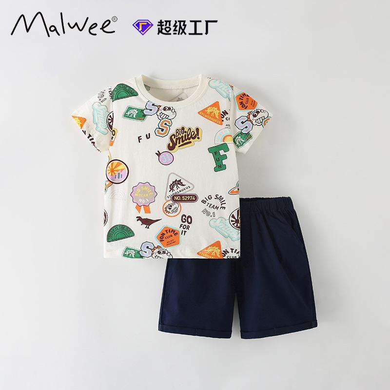 Boys Set, Summer New Round Neck T-shirt, Children s Elastic Waistband Pants, Casual Wear 100