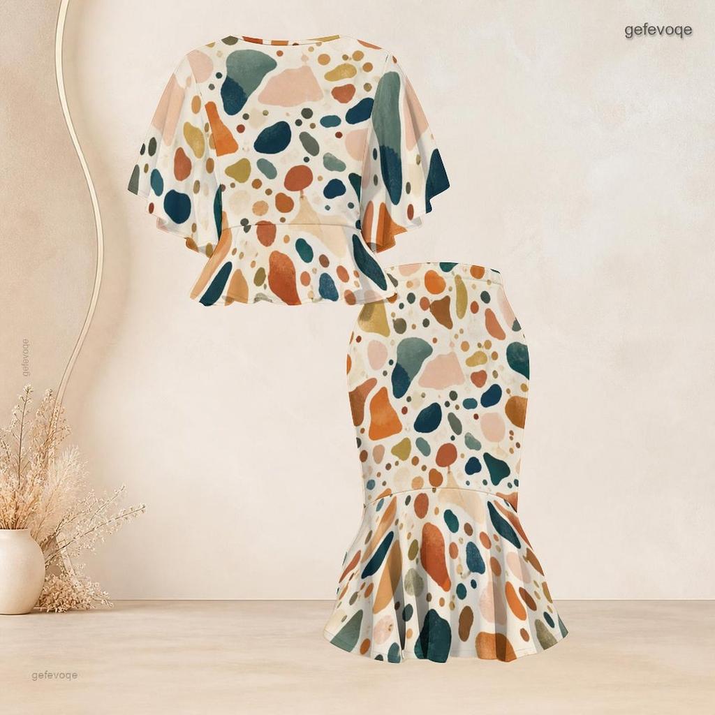 Women Plus Size Geometric Printed Two Piece Skirt Set Batwing Sleeve Ruffle Hem Top Fishtail Skirt