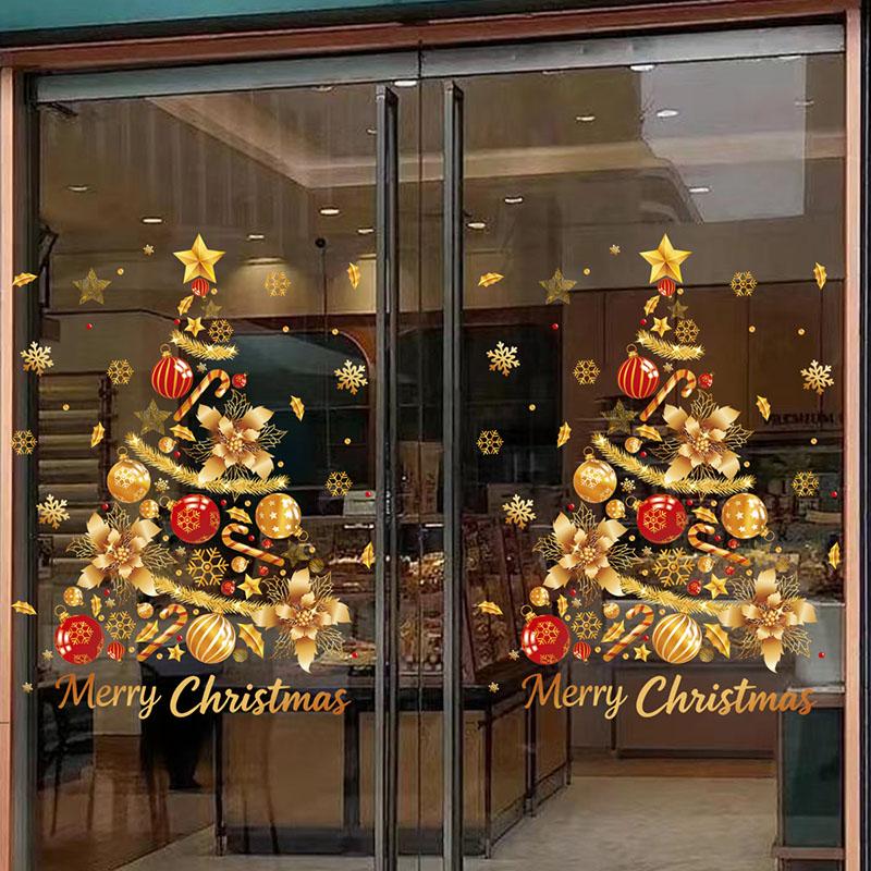 Christmas Sticker Gold PVC Double-sided Printed Static Window Sticker Christmas Decorations Atmosphere Glass Sticker New Year