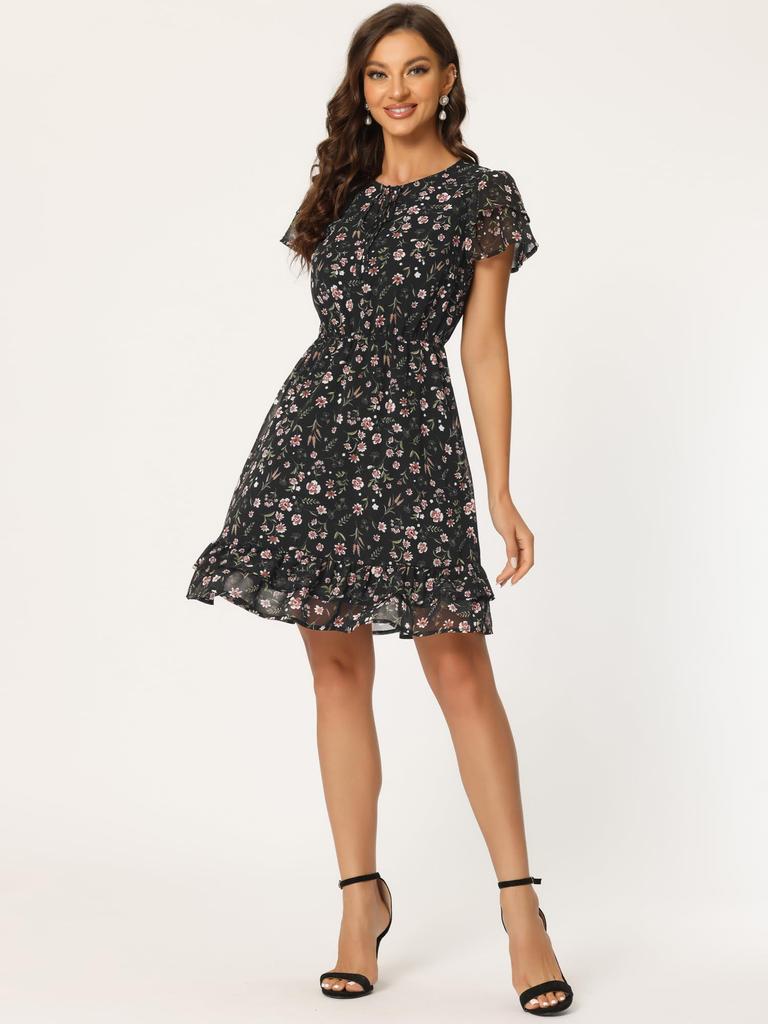 Allegra K Ruffle Dress, Frill Sleeve, Self-Tie, V-Neck, Above Knee Chiffon, A-Line, Floral Print, Women's, Black, Size 3XL
