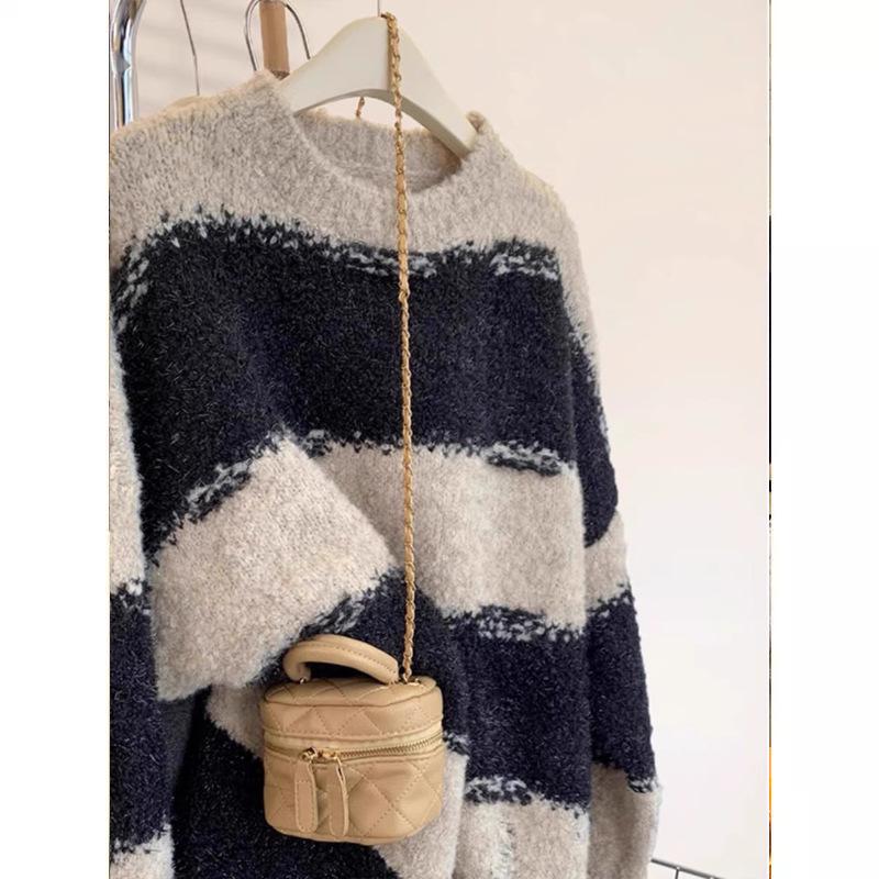 2026 Women's Korean Color Block Striped Knit Sweater - Autumn/Winter Loose Fit