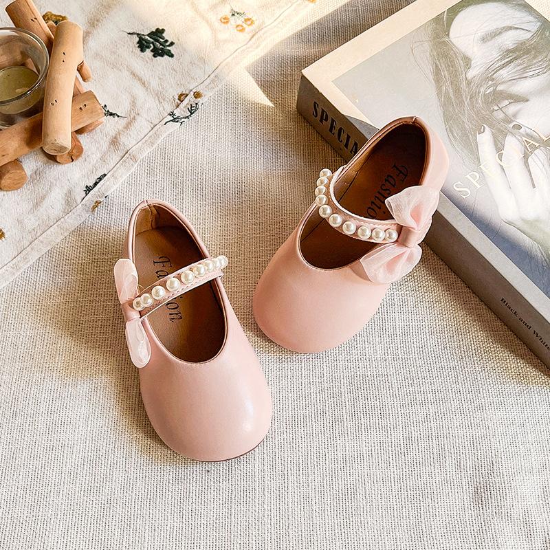 Girls Pink Pearl Bow Mary Jane Flats 21