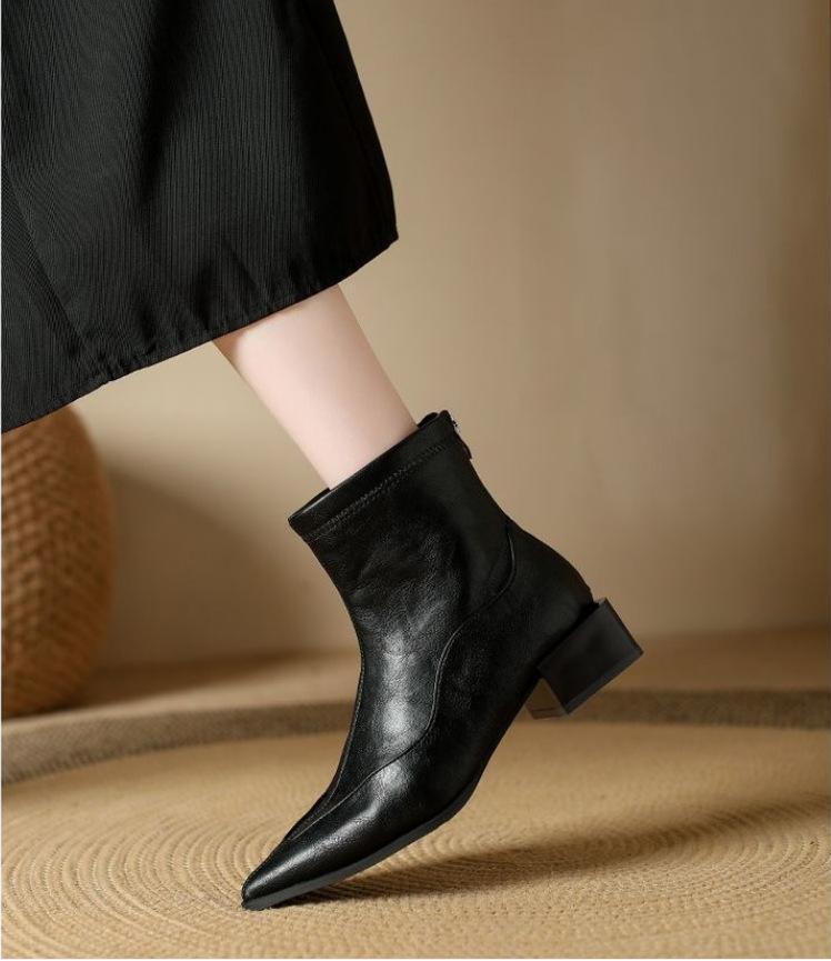 French pointed elastic thin boots women's autumn and winter new thick heel short boots retro versatile brown Chelsea boots