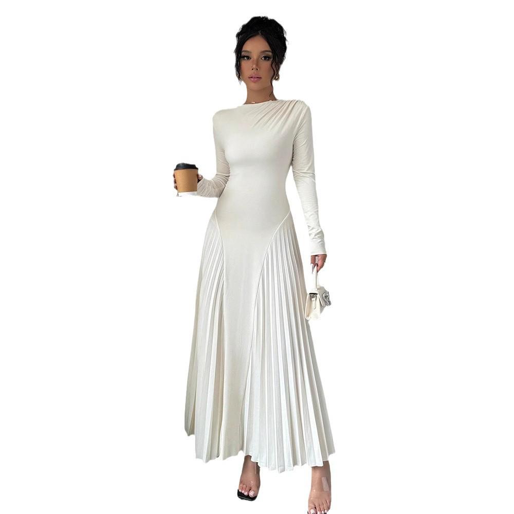2025 Women’s Elegant Long Sleeve Pleated Knit Dress for Spring/Autumn
