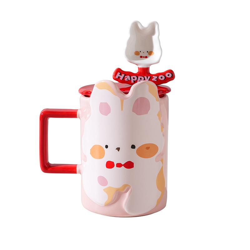 Cute Cartoon Three-Dimensional Bear Rabbit Ceramic Mug With Lid Spoon High-Value Office Coffee Cup Souvenir