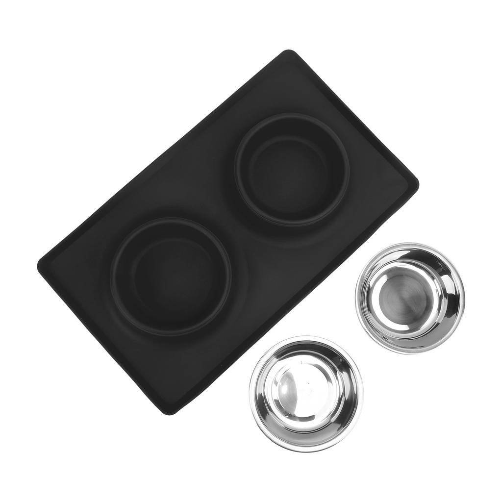 Pet Bowl Silicone AntiSlip Foldable Water Dish Feeding Dual Bowl for Small Medium Dogs Cats(Black )