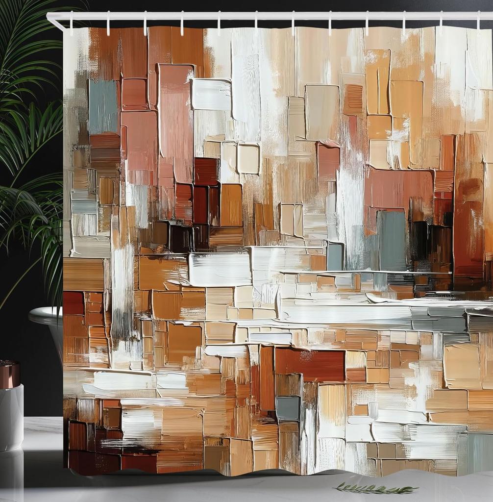 Aesthetic Boho Shower Curtain, Bold Exotic Leaves In Warm Tones, Rustic Burnt Orange Teal Blue, Fabric Set With Hooks