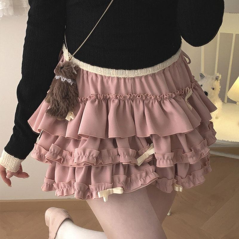 Bow Mini Skirt for Women Kawaii Cute Ruffle Cake Skirt Shorts Girls Harajuku Japanese Style Clothing