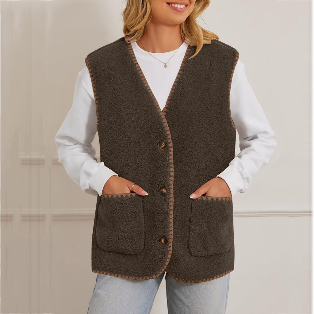 Women's V Neck Sleeveless Vest Loose Fit Casual Sherpa Waistcoat Single Button Fleece Gilet Winter Warm Layering Outerwear