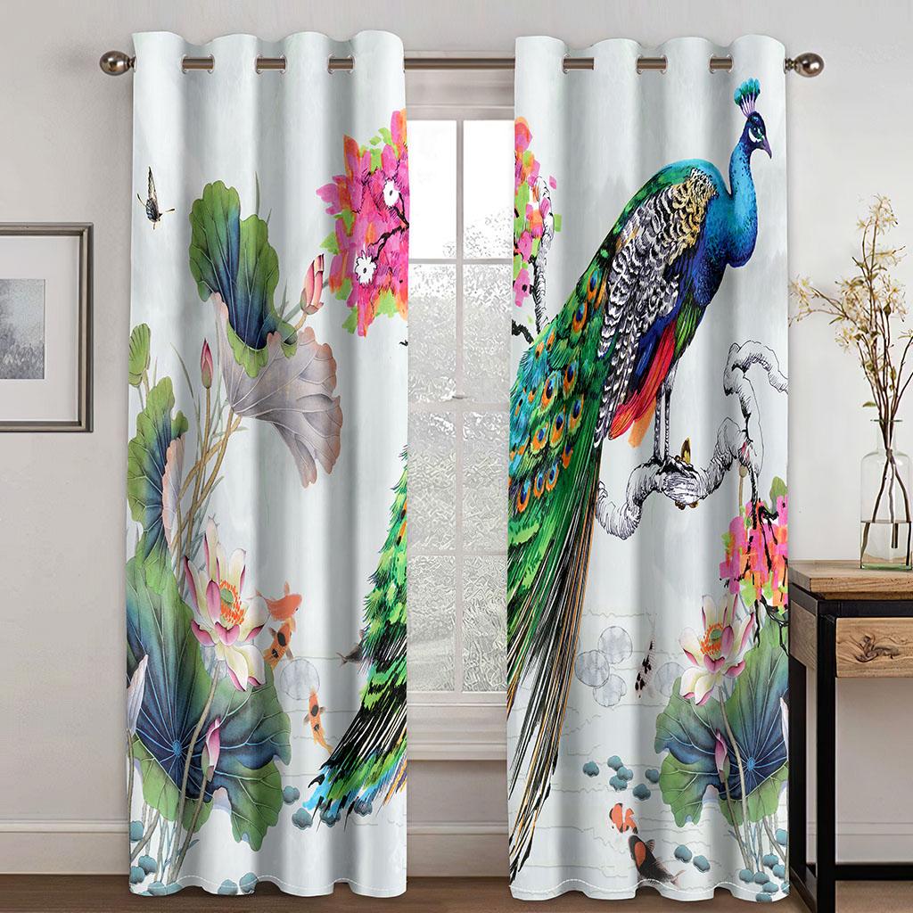 Beautiful Blue Golden Peacock Animal Window Curtains Blinds For Living Room Kids Bedroom Bathroom Kicthen Door Home Decor2Pcs