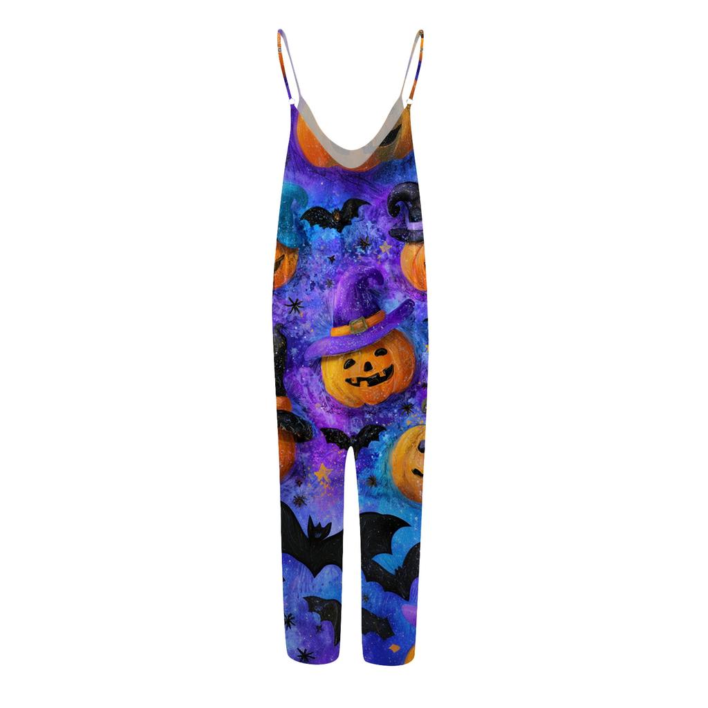 Women Halloween Printed Loose Jumpsuit Casual Sleeveless Wide Leg Romper Comfortable Fit for Seasonal Wear