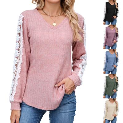New V-neck Loose Long-sleeved Lace Contrast T-shirt Top for Women