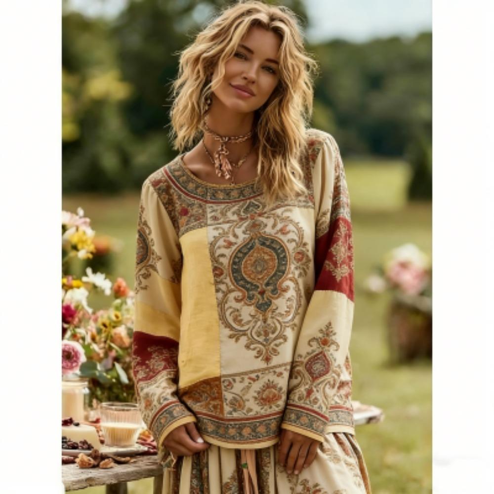 Spring Europe America Splicing Colors Flower Print Women's T-shirt Pullover Fashion Women Long Sleeve Clothing Outdoor Casual Tees Top