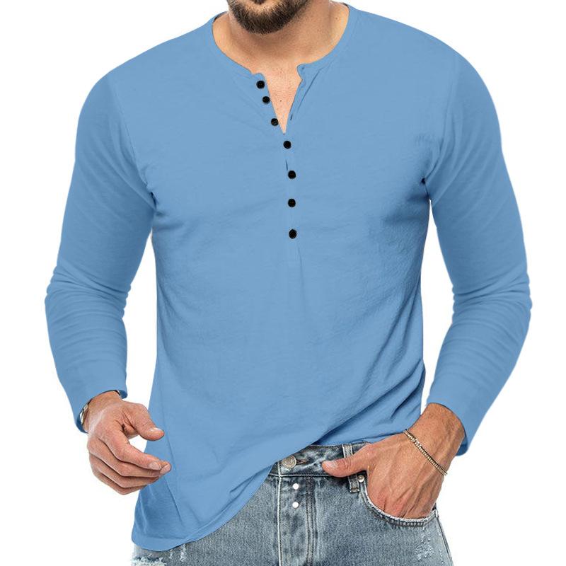 

Мужские модные рубашки Henley с длинным рукавом повседневные футболки с круглым вырезом Slim Fit спортивные рубашки для тренировок футболки с пуговицами M светло-синий