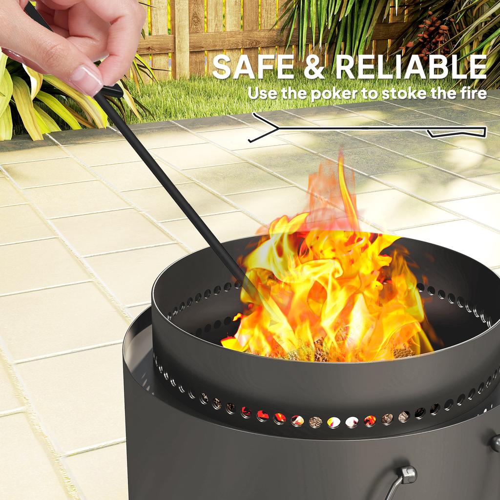 Smokeless Fire Pit with Ash Catcher, 37cm Portable Wood Burning Firepit with Poker for Garden Camping Bonfire Party, Metal, Dark Grey