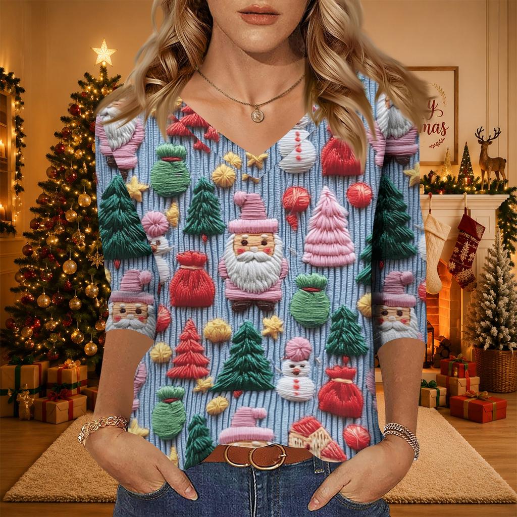 Women's Christmas Print V-Neck 3/4 Sleeve Loose Fit Casual Blouse Shirt Top