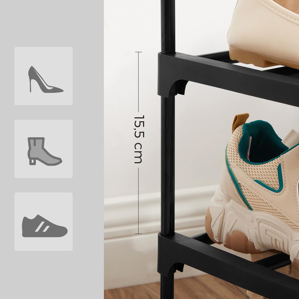 SONGMICS 3-Shelf Shoe Rack, Metal Shoe Storage Organiser, Easy to Assemble, 12 to 15 Pairs Shoes, Stackable Shoe Shelf for Closet, Entryway, Black