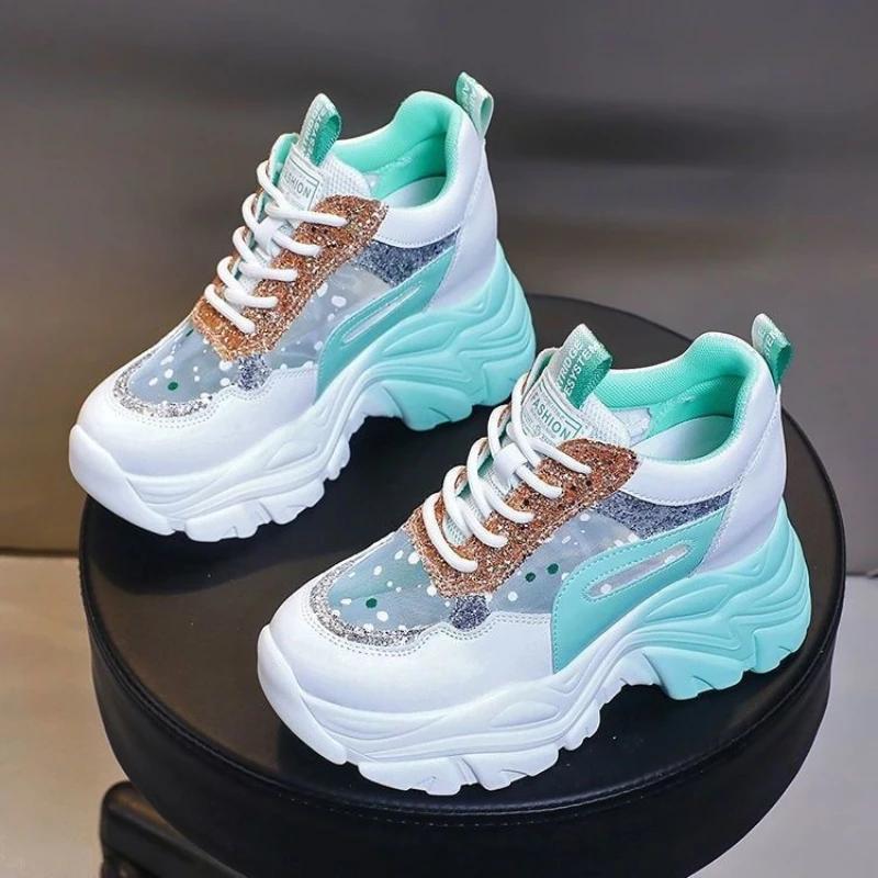 Fashion Shoes for Women Platform Shoes Autumn Women Casual Mesh Breathable Lace-up Sequin Sneakers Wedges Sports Non-slip Shoes