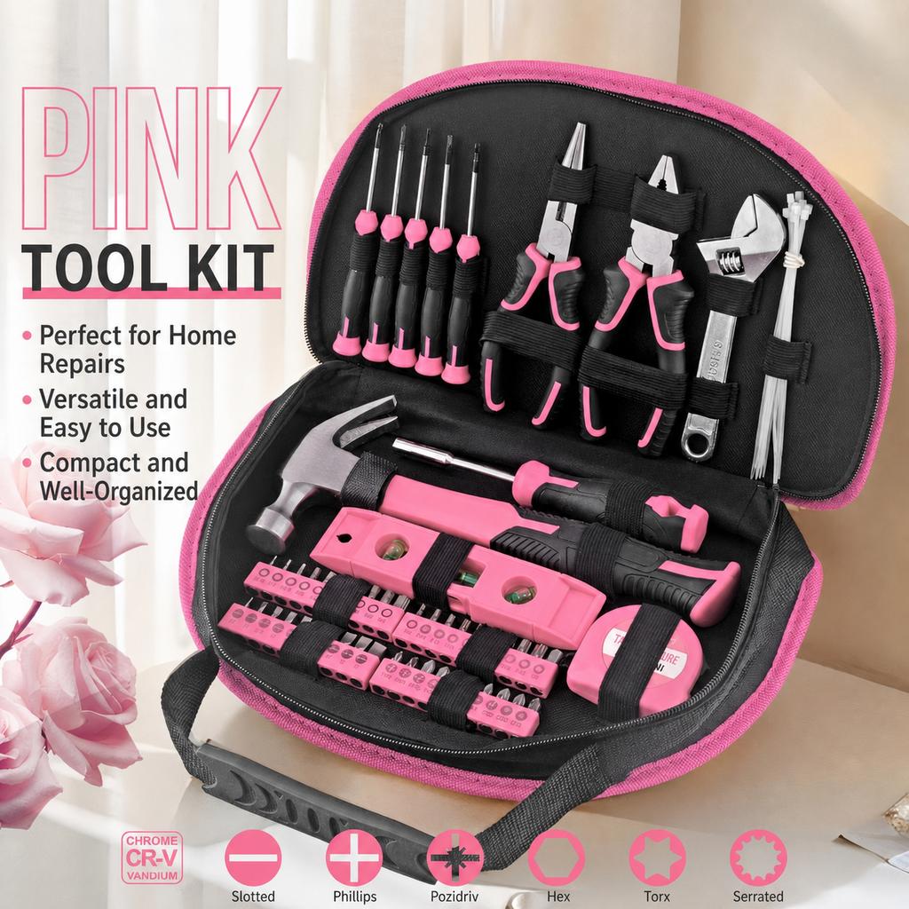 63 Pcs Pink Household Tool Set Women DIY Home Repair Hand Tools Kit Multi Purpose Tool Box Gift Set for Household Maintenance