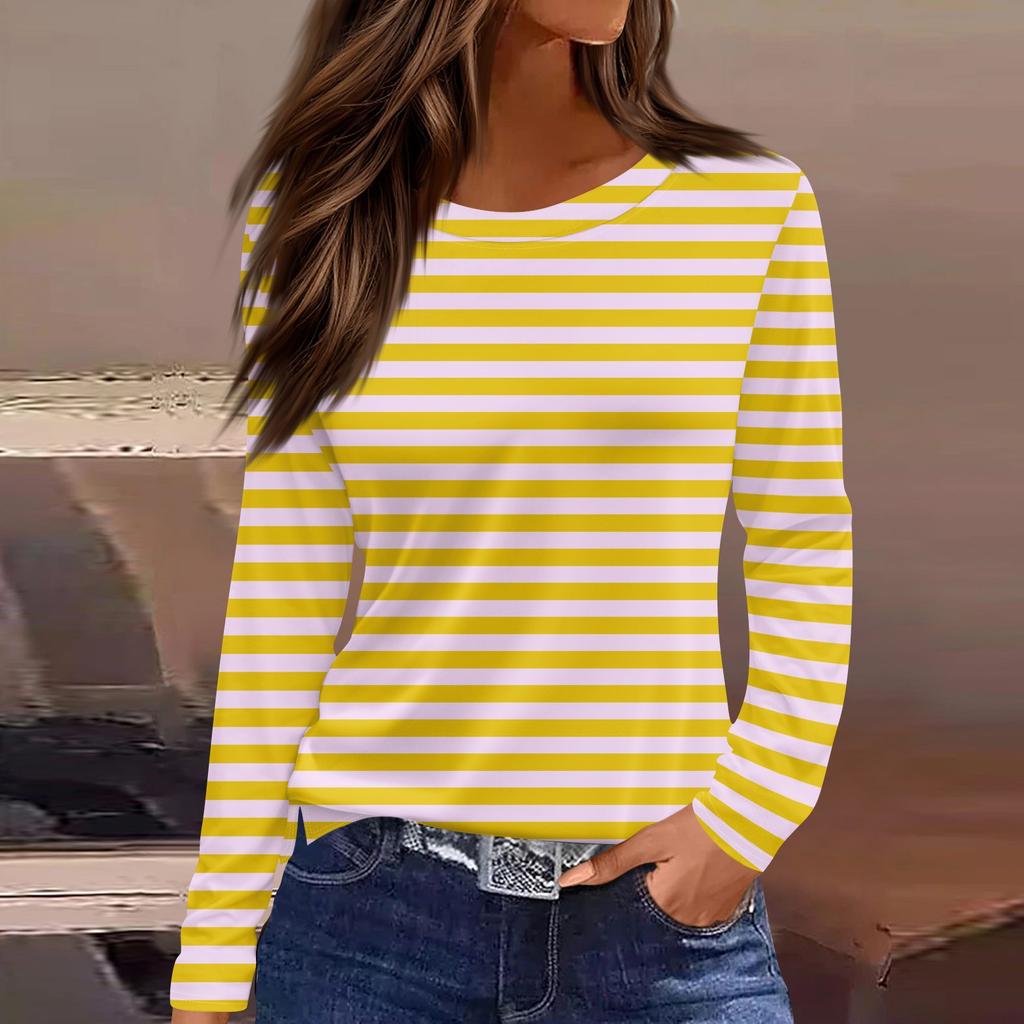 Women's Fashion Hem Split Casual Stripe Gradient Stripe Print Round Neck Long Sleeve Top