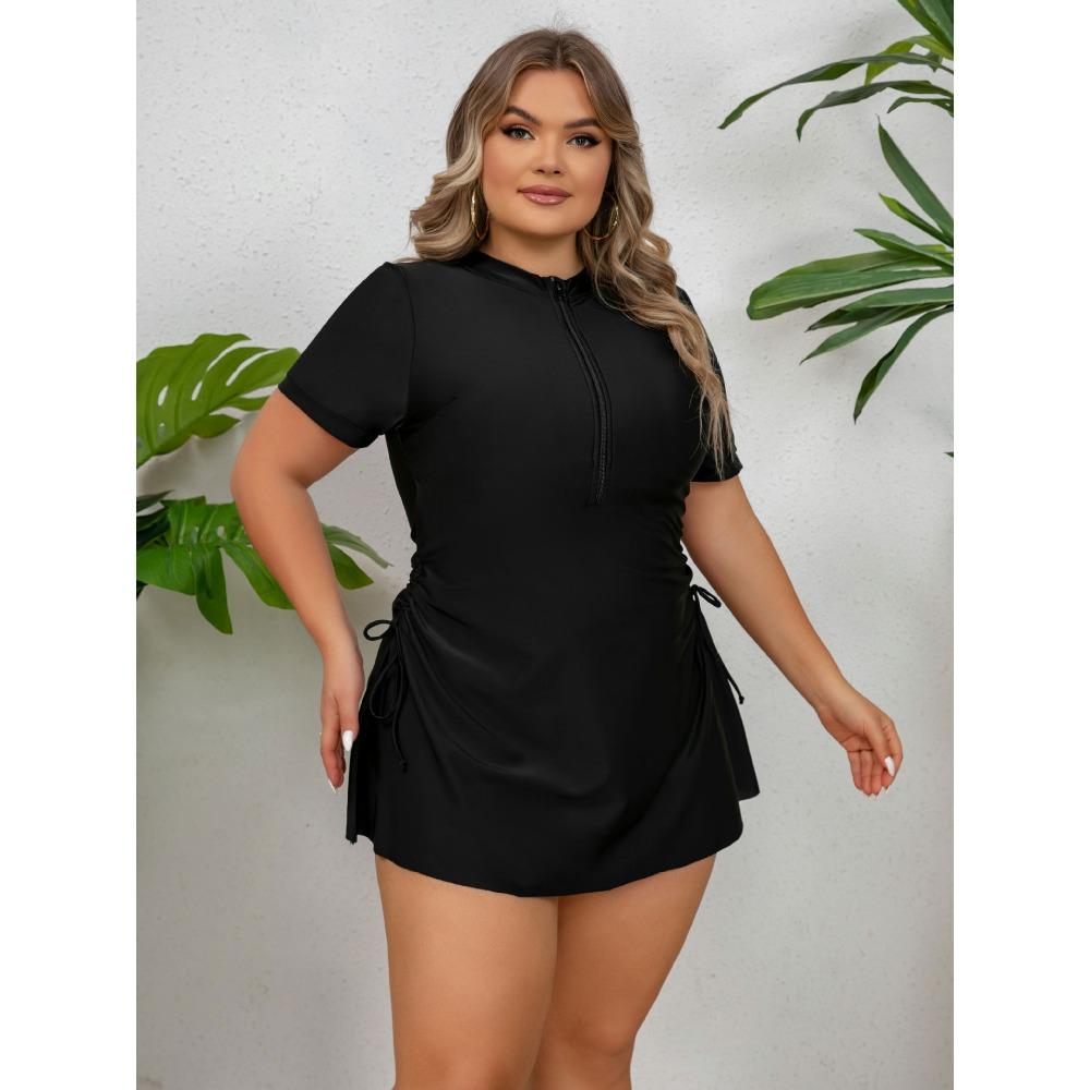 Women's Plus Size Split Swimsuit European and American Drawstring Briefs Zipper Swimwear