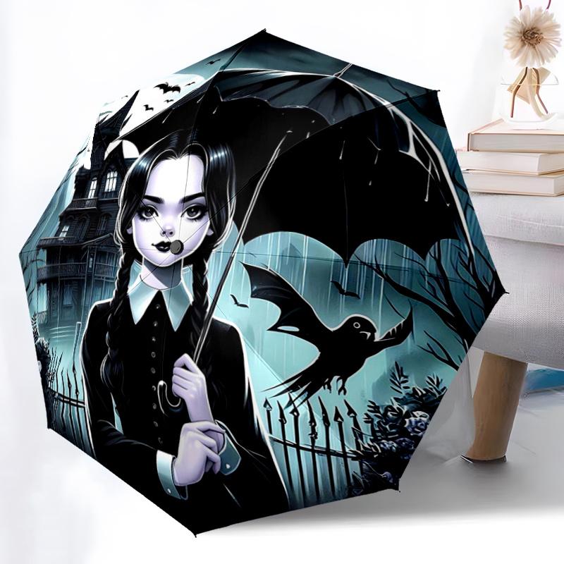 1pc Under the Moonlit Sky Wednesday Automatic Opening and Closing Cartoon Umbrella - Small Umbrella Suitable for Various Occasions I096