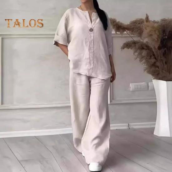 2 pièces/ensemble chemisier pantalon ensemble col en V manches longues bouton décor haut jambe large cordon de serrage taille élastique pantalon OL Commute décontracté tenue de maison