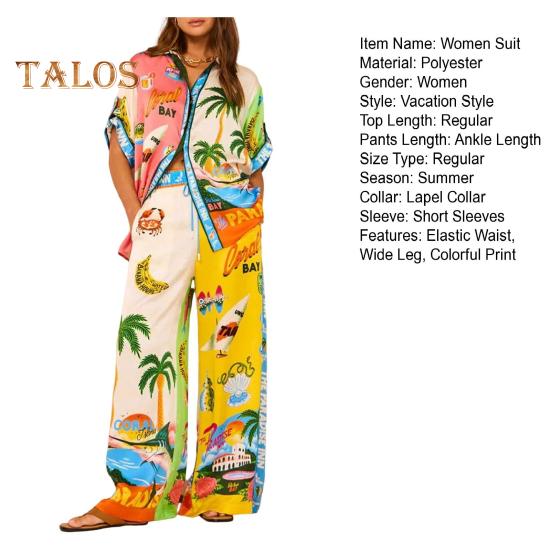2 Pcs/Set Women Shirt Pants Set Hawaii Vacation Style Colorful Print Single-breasted Short Sleeve Lapel Top High Elastic Waist Wide Leg Trousers
