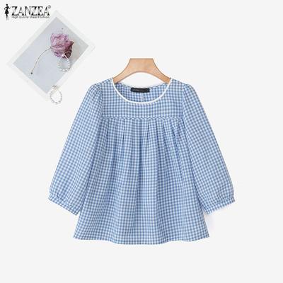 Women Plaid Print Casual Round Neck 3/4 Sleeve Blouse