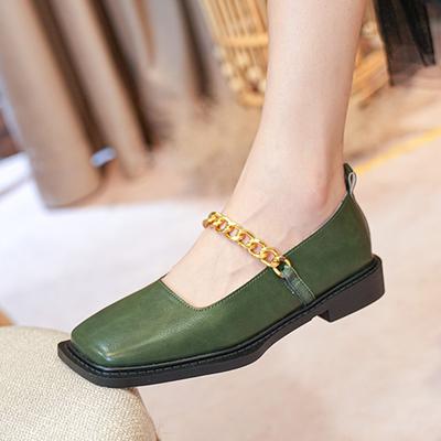 Fashion Dark Green Leather Shoes Woman Metal Chains Band Oxford Flats Female Square Toe Mules Moccasins Women Slip On Loafers Big Size43