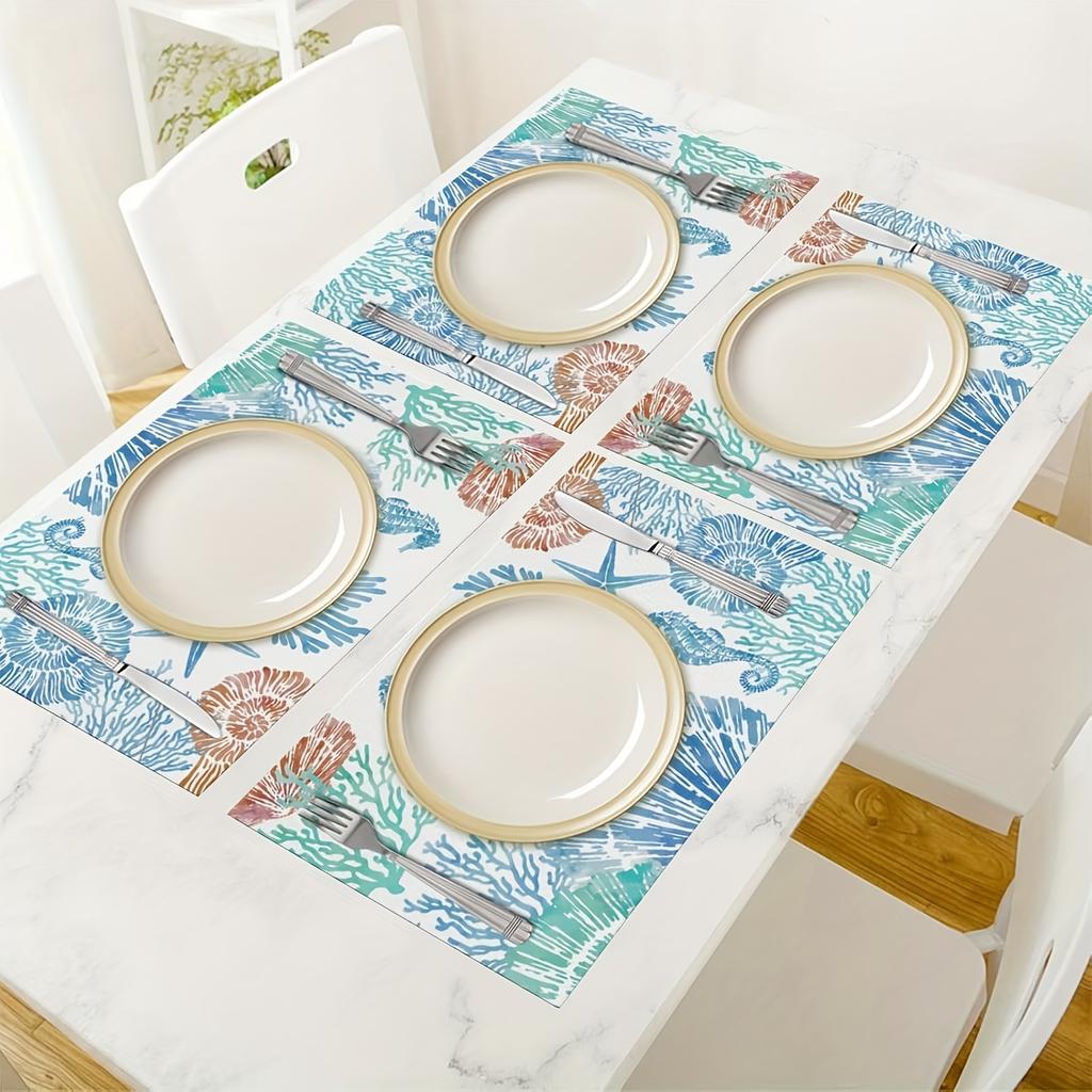 4/6pcs Set Summer Ocean Theme Pattern Placemats, Seasonal Daily Holiday Decor, Suitable for Home Kitchen Dining Party Indoor Outdoor Decoration, 12x18