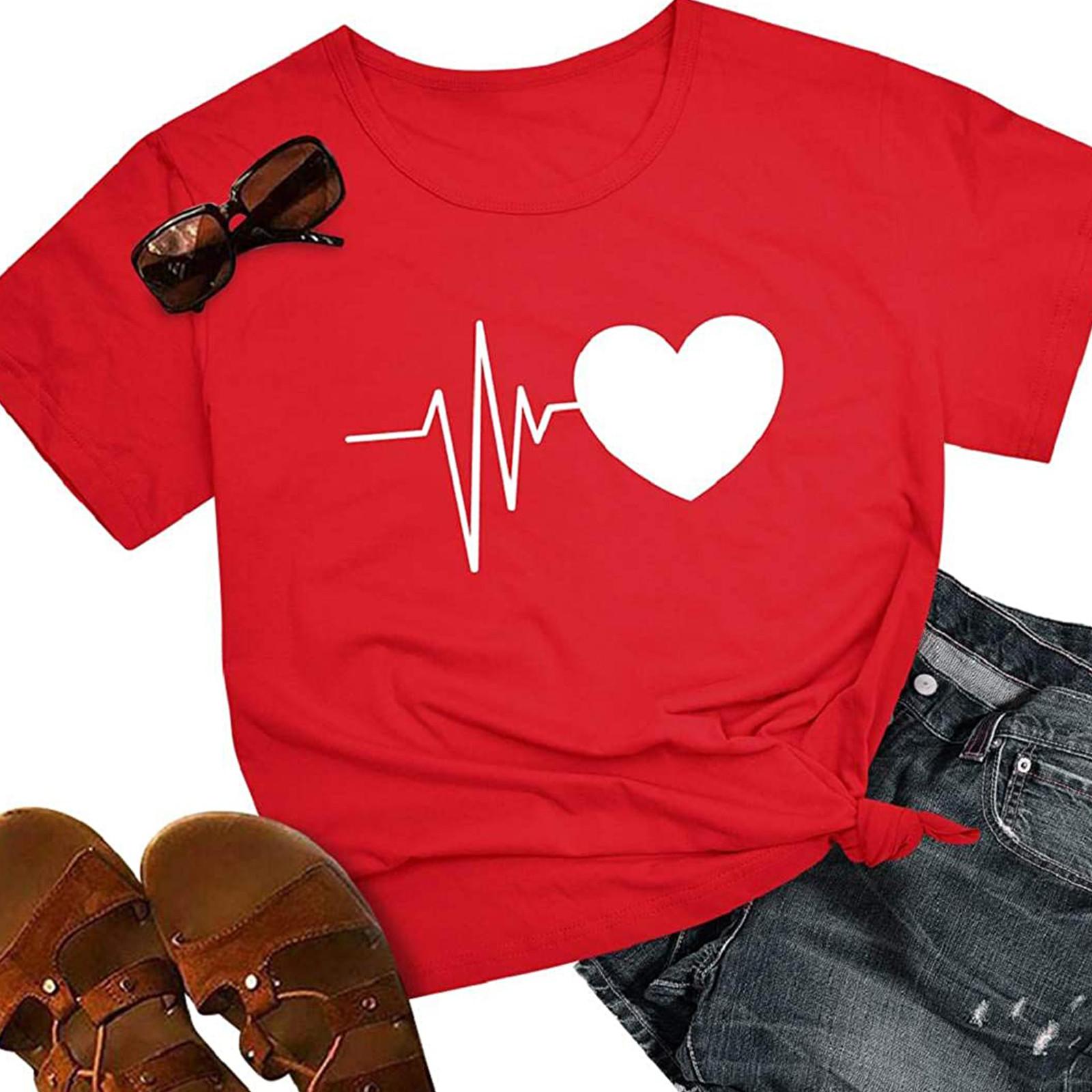 

Женская мода с круглым вырезом, пуловер с коротким рукавом, повседневная футболка с принтом любви, топ S красный