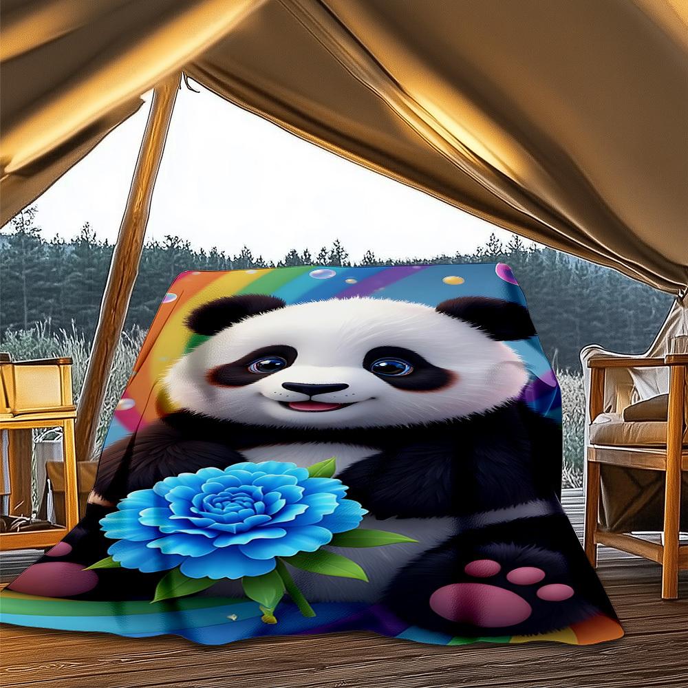 1pc Panda, Flower Throw Blanket Polyester Fiber, Lightweight Flannel, Soft & Warm, All Season Use for Outdoor, Camping Digital Print