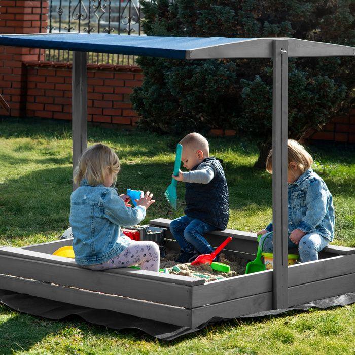 Bac à sable en bois avec toit - Springos® - 120 x 120 cm - Imprégnation à base d'eau - Gris - Bancs intégrés