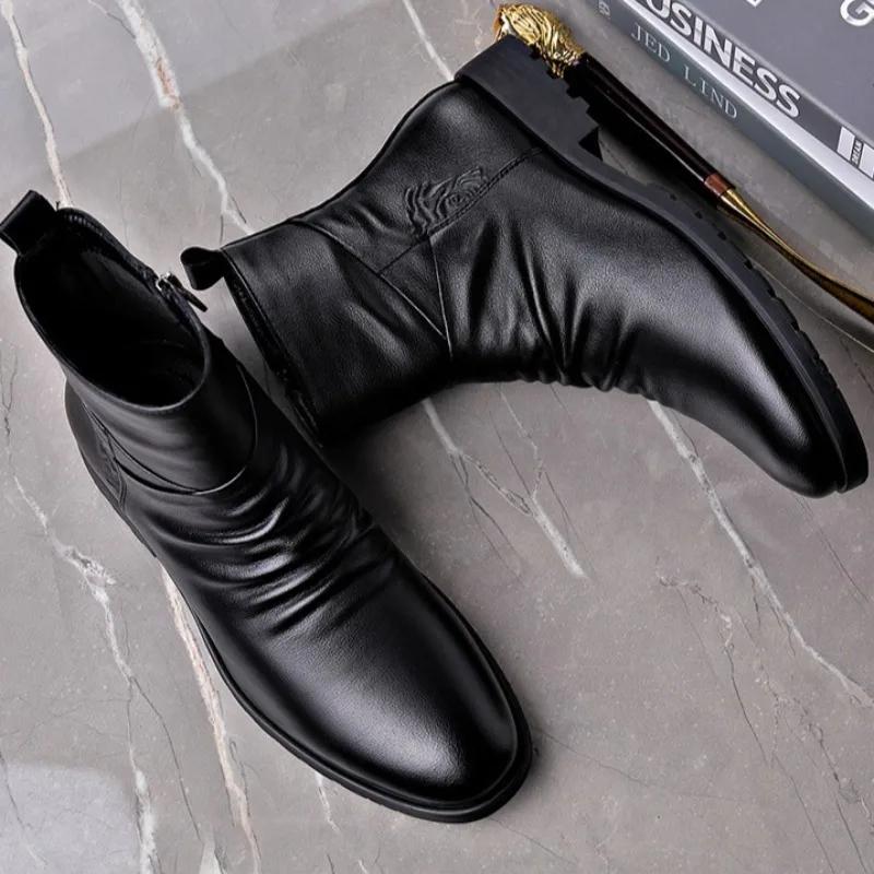 Genuine Leather Men Boots High Quality Cowhide Leather Boots Fashion High Top Motorcycle Boot Men'S Business Casual Dress Boots