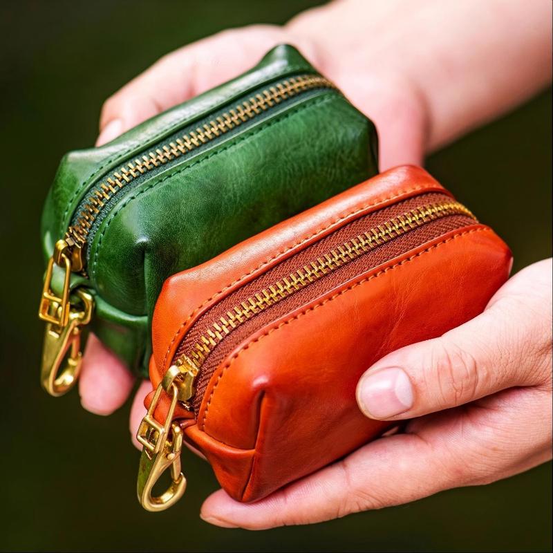 Retro Echte PU-Leder Reißverschluss Münzbörse Für Unisex Einfach Und Tragbar Mini Karten Schlüssel Aufbewahrungstasche