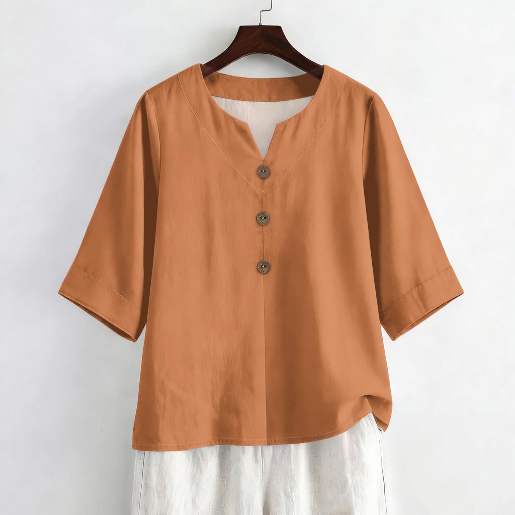 Women's Summer Fashion V-Neck 3/4 Sleeve Linen Shirt - Casual Loose-Fit Top