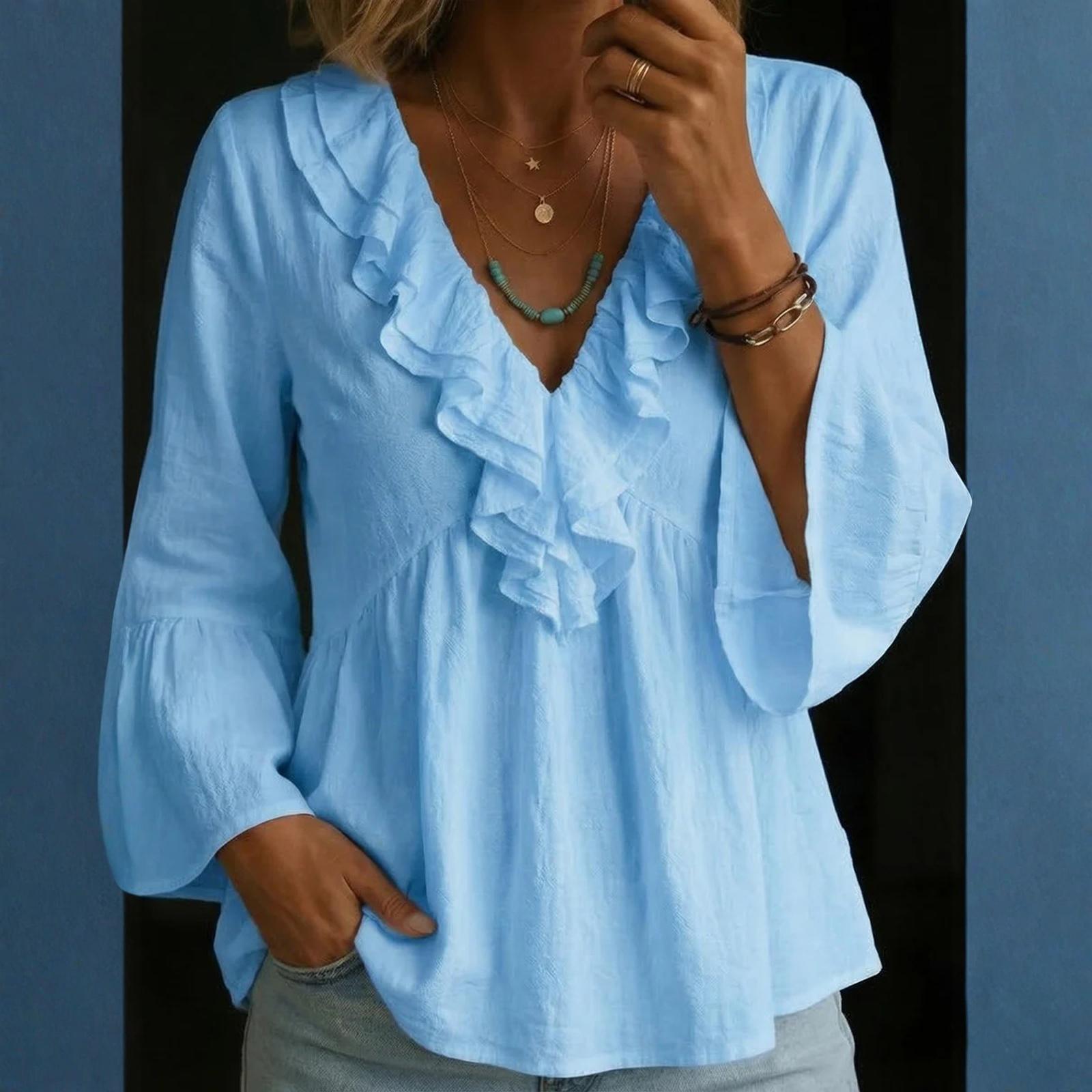 

Модная женская цветная хлопково-льняная блузка с V-образным вырезом и оборками M