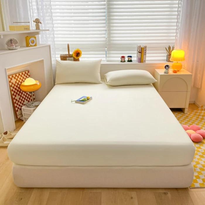 

Soft Fitted Bed Sheet with Elastic Band Solid Color Mattress Cover for Single Double King Queen Bed 140/150/160/180/200 only 2pcs pillowcase бежевый