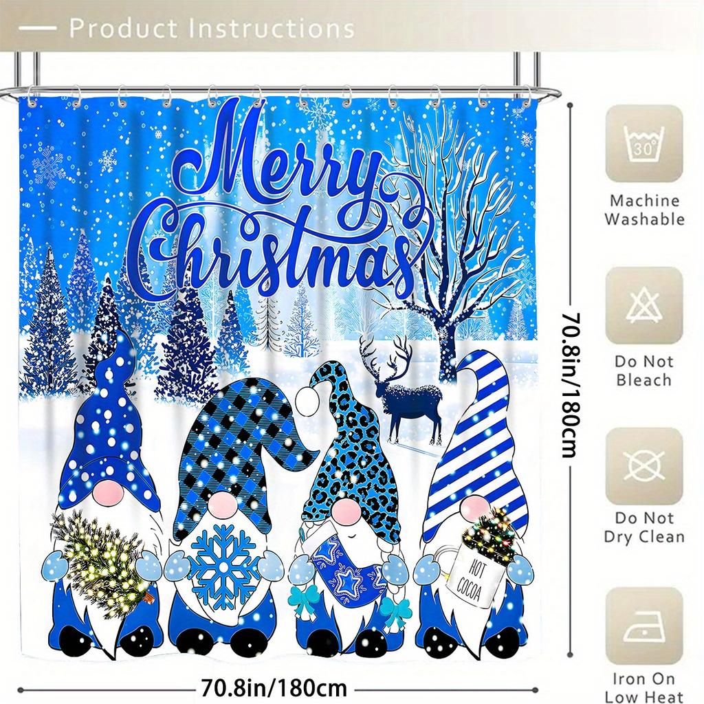 4Pcs Christmas Dwarf of The Ice World Shower Curtain Set with Non-Slip Bath Mat, Toilet Lid Cover, Contour Rug & 12 Hooks, Bathroom Decor