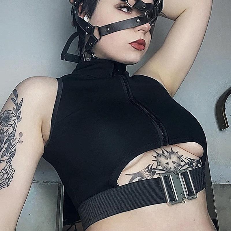 

Goth Dark Techwear, модные топы-карго с пряжкой, гранж-молл, готический укороченный топ на молнии с вырезами, пикантные женские облегающие уличные топы в стиле панк
