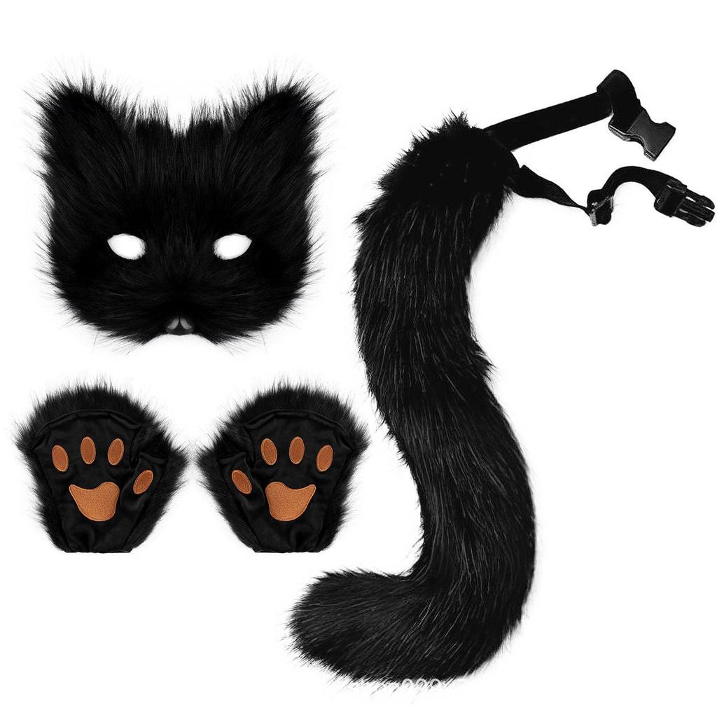 Halloween Beastman Cat-Fox Plush Mask & Gloves Cosplay Set