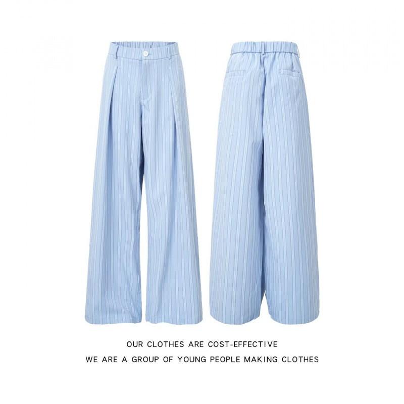 Mens Light Blue Striped Pleated Wide Leg Trousers Thin Loose Casual Pants Work Daily