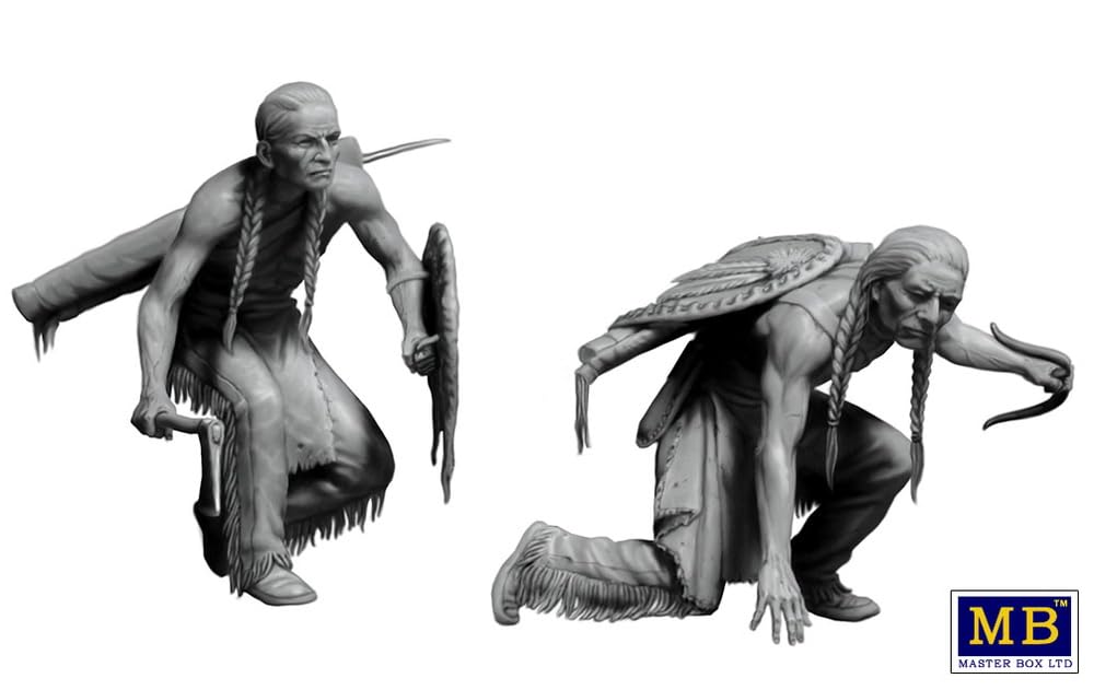 Master Box 1/35 Scale Indian Wars Surprise Attack Native American Soldiers (2 Figures) with Axe and Shield Plastic Model Kit MB35138