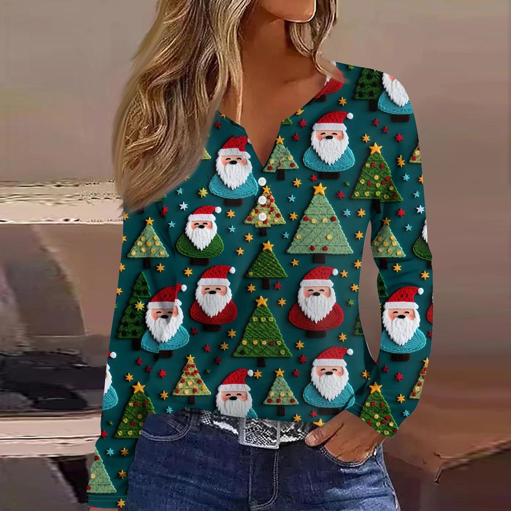 Women's Fashion Casual V-Neck Button-Up Long-Sleeve T-Shirt With Christmas Print Top