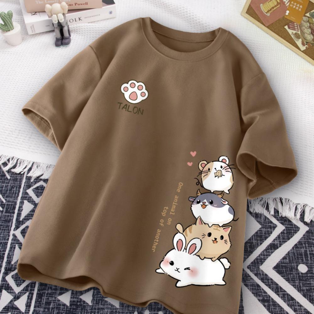 Summer Trendy Simple Cat Printed Short-sleeved T-shirt for Ladies and Boys Same Loose Casual Large-size Top