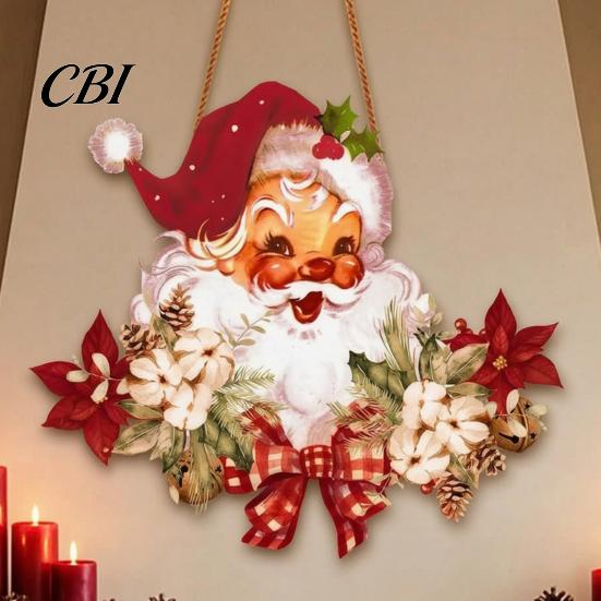 Santa Claus Door Sign Wooden Hanging Pendant for Christmas, Rustic Floral Wall Sign, Christmas Reusable Wood Ornament Tree with Hemp Rope Home Office