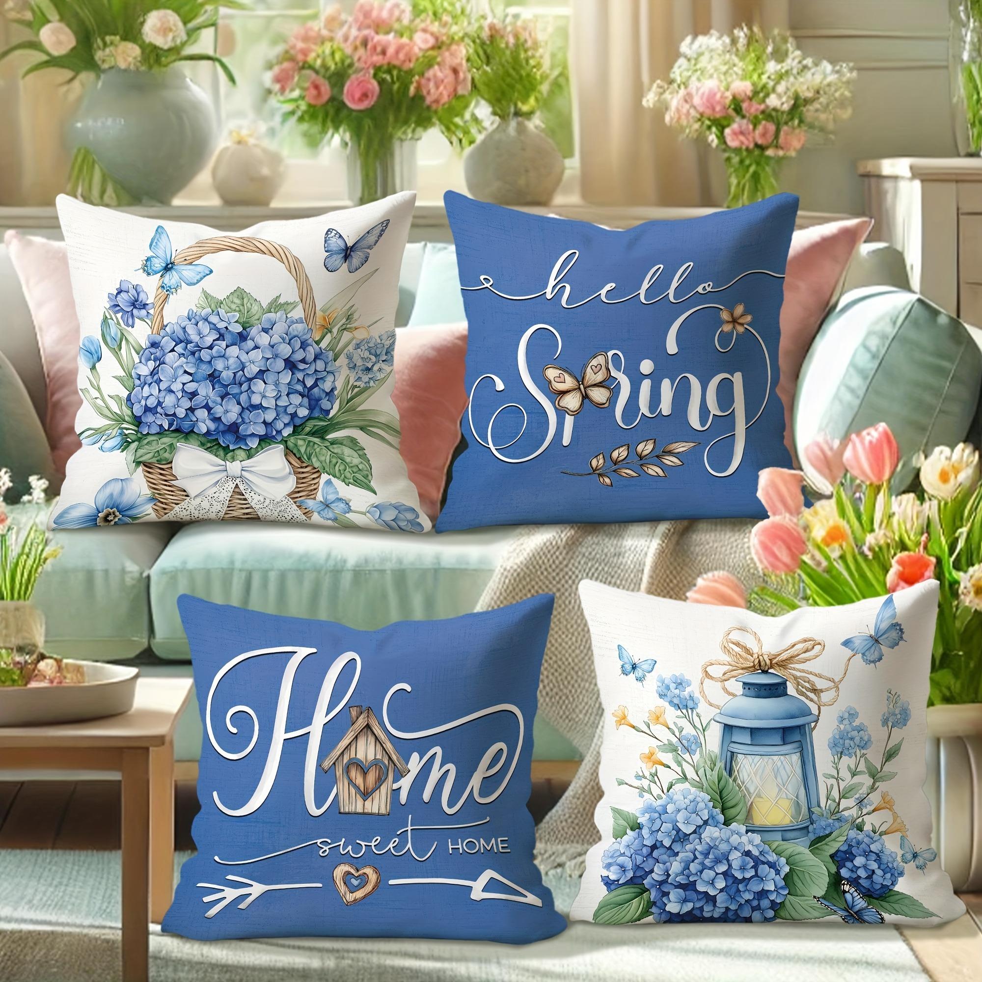 Fine Glasses Unisex 4Pc Blues Hydrangea Spring Pattern Home Decor Pillowcase Living Room Sofa Polyester Cushion Cover With Zipper